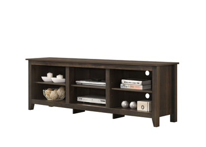 The Benito TV Stand features open shelves for displaying decorative bowls, a basket, books, electronic devices, and round ornaments. Its dark brown finish and back panel with cable management holes keep your space tidy and organized.