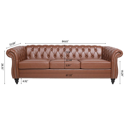 The image shows the Rolled Arm Chesterfield 3 Seater Sofa—brown, tufted leather with rolled arms and silver nailhead trim—and labeled measurements for height, width, depth, seat depth, seat height, and arm height.