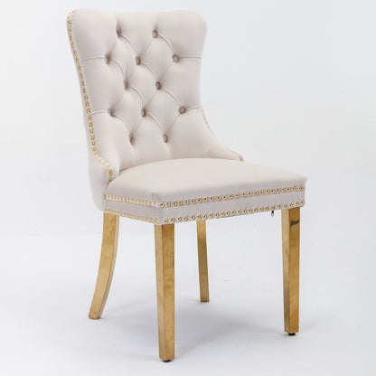 The Nikki set includes two modern, high-end velvet upholstered dining chairs with tufted backrests, golden stainless steel plating legs, and nailhead trim.