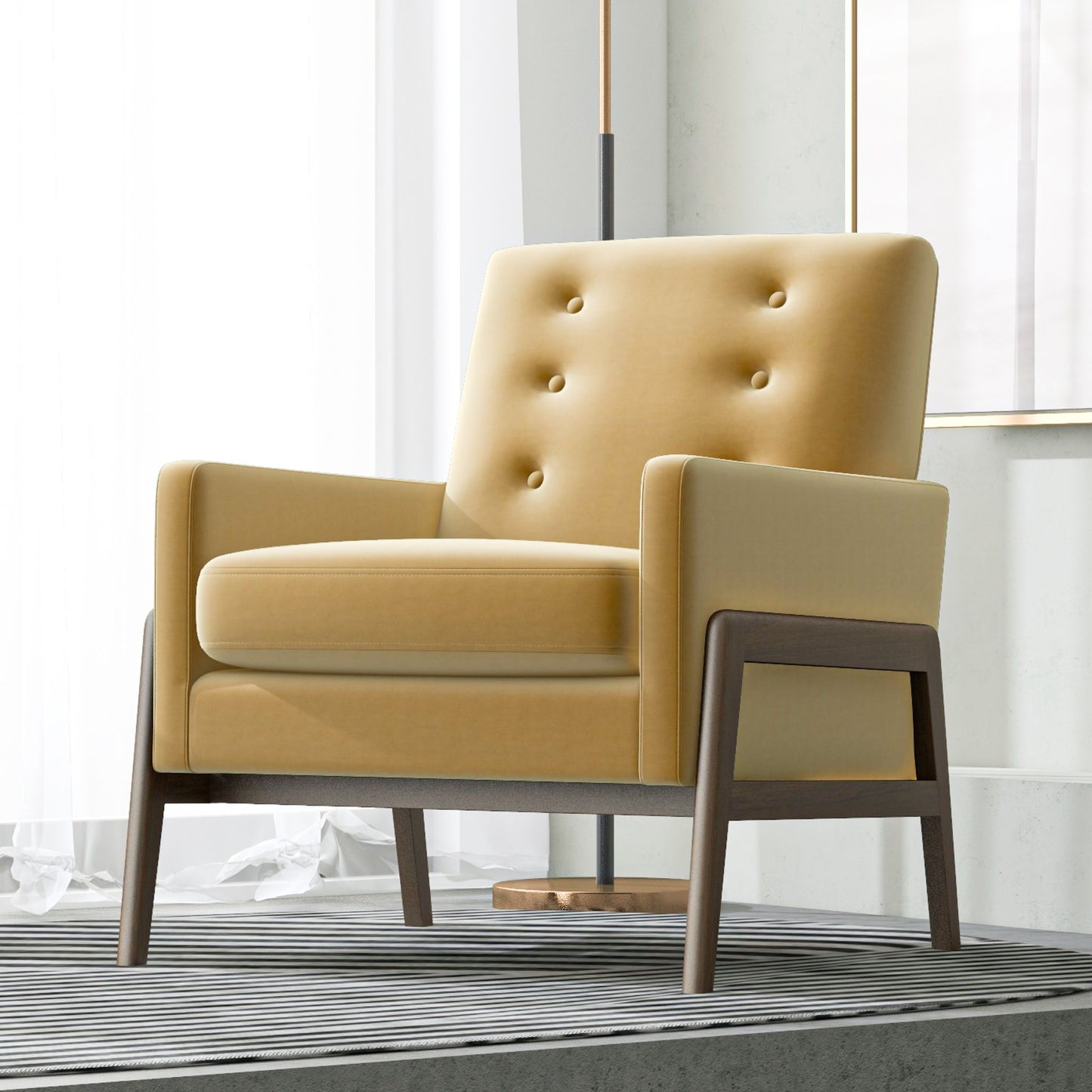 The Cole Solid Wood Lounge Chair features mustard-yellow upholstery, a button-tufted backrest, and wooden legs, perfect for bright rooms with sheer curtains and minimal decor.