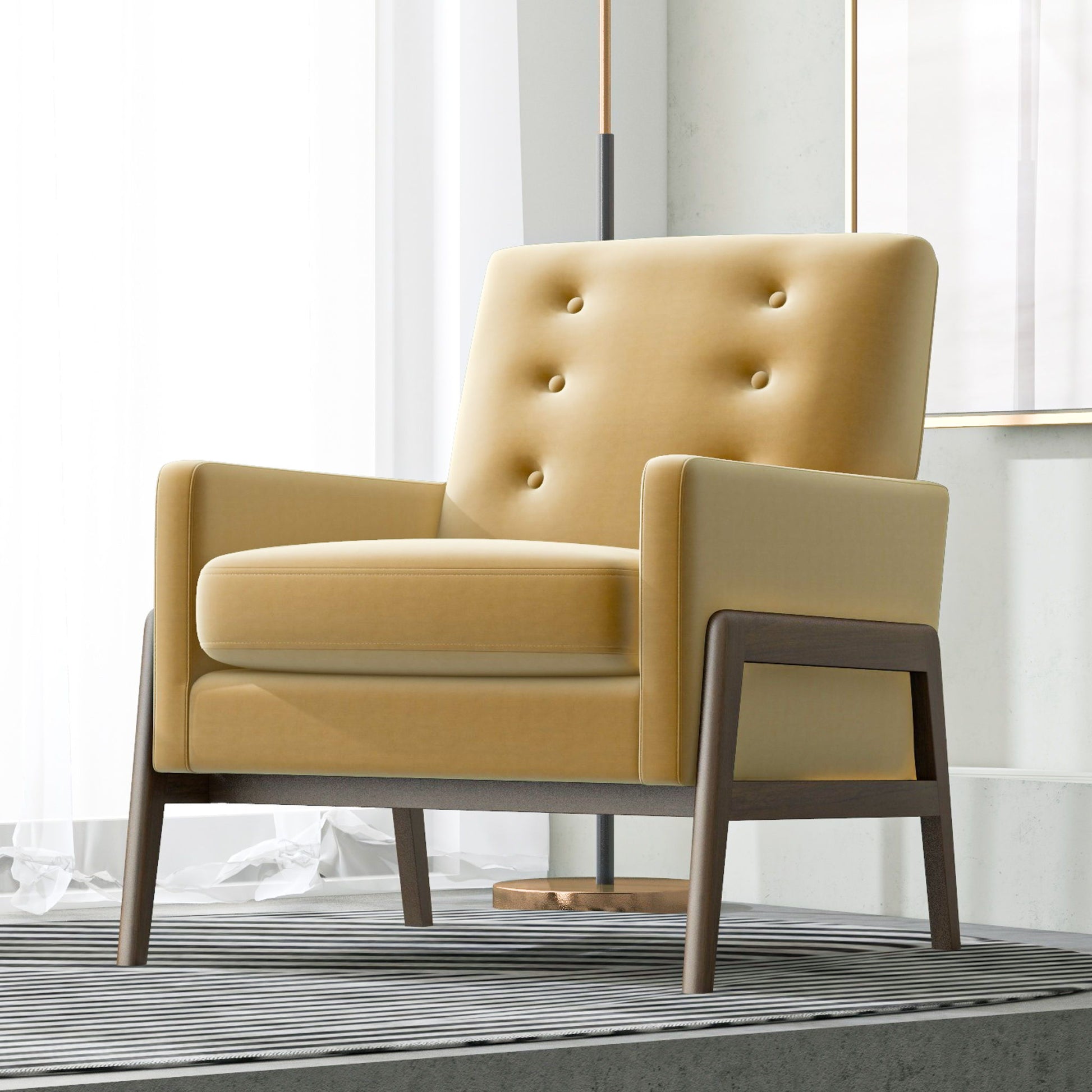 The Cole Solid Wood Lounge Chair features mustard-yellow upholstery, a button-tufted backrest, and wooden legs, perfect for bright rooms with sheer curtains and minimal decor.
