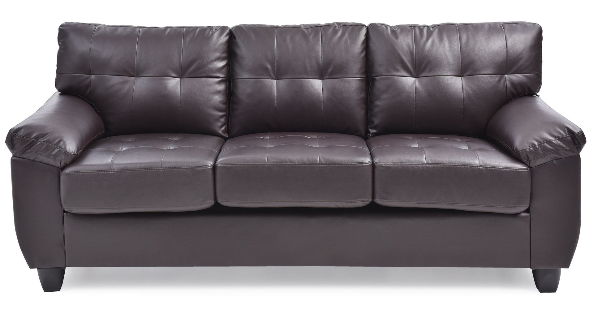The Comfortable Sofa is a three-seater in dark brown leather with tufted back and seat cushions, wide armrests, and short black legs, displayed against a white background.