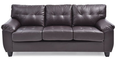 The Comfortable Sofa is a three-seater in dark brown leather with tufted back and seat cushions, wide armrests, and short black legs, displayed against a white background.