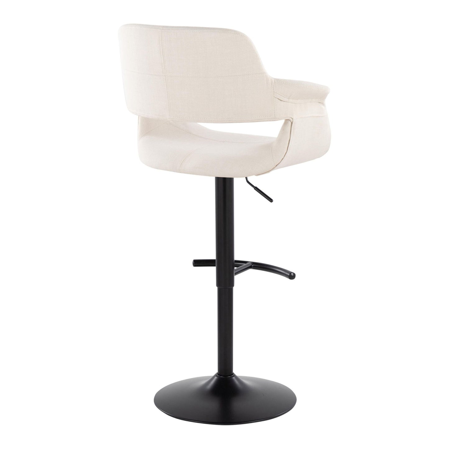 The Vintage Flair Mid Century Modern Adjustable Barstool (Set of 2) features a beige upholstered seat, curved backrest with armrests, swivel function, and black metal pedestal base with a rounded T footrest. Height is adjustable for added comfort.
