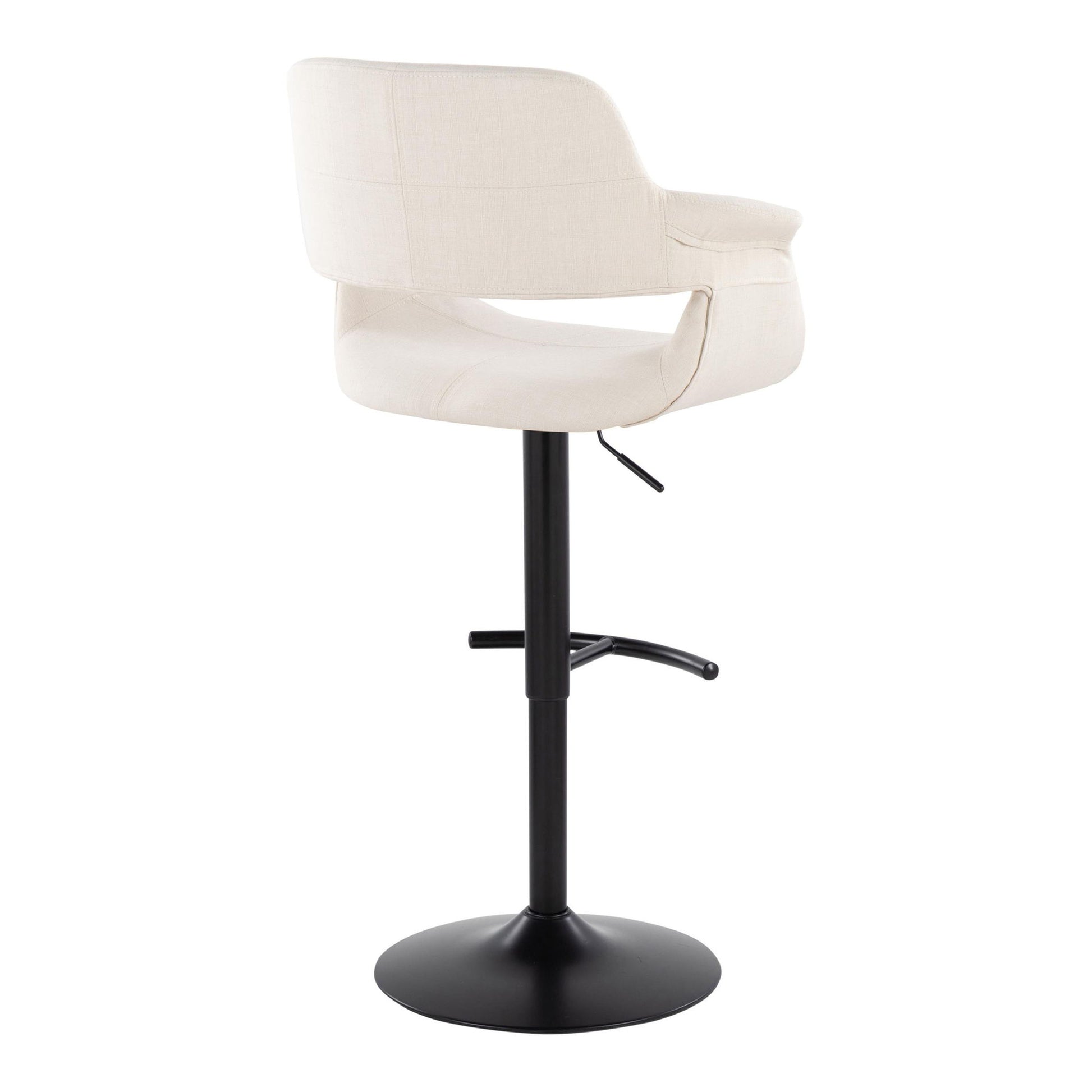 The Vintage Flair Mid Century Modern Adjustable Barstool (Set of 2) features a beige upholstered seat, curved backrest with armrests, swivel function, and black metal pedestal base with a rounded T footrest. Height is adjustable for added comfort.