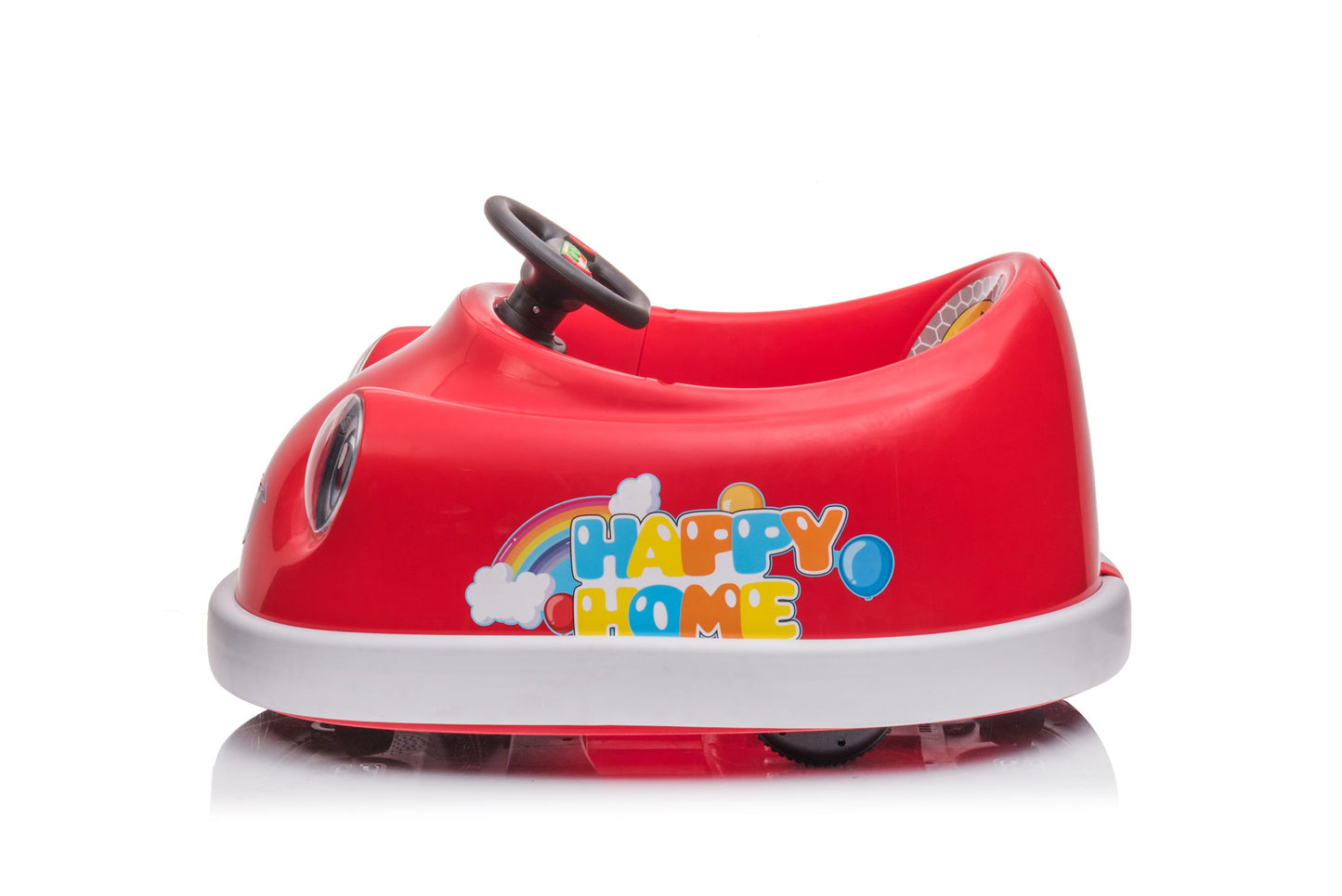 A small red Bumper Car For Kids (12V, 1-6 yrs) with a black steering wheel, white base, and "HAPPY HOME" on the side in colorful letters, rainbow, clouds & balloons. Plain white background. Ride-on car features USB/Bt music and rocking horse mode.