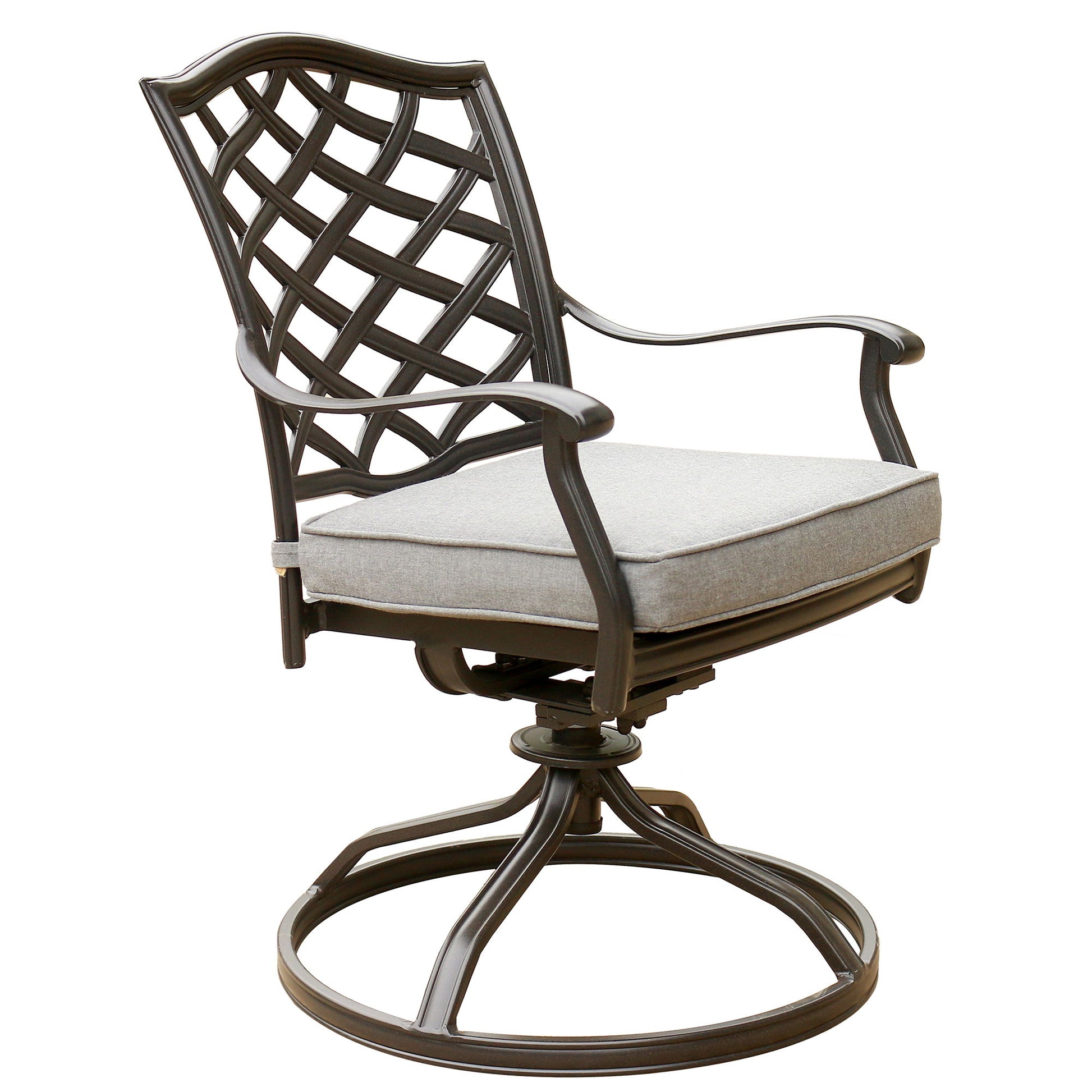 This set of 2 Outdoor Patio Aluminum Swivel Rocker Dining Chairs features lattice-style backs, curved armrests, round bases, and light gray cushioned seats.