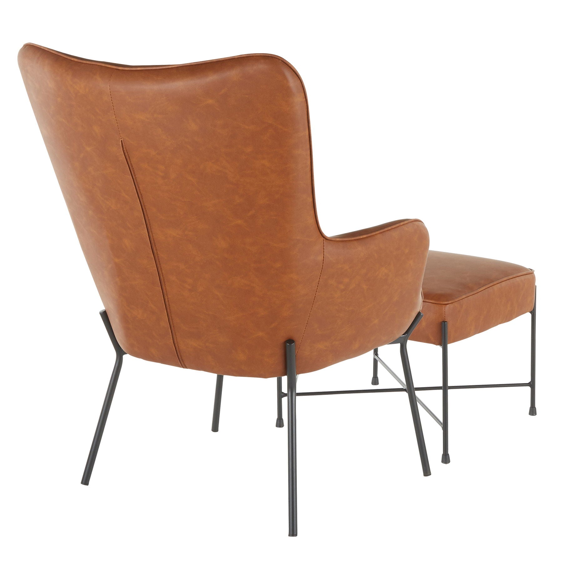 The Izzy Industrial Lounge Chair & Ottoman Set features brown faux leather upholstery and slim black metal legs, shown from the back.