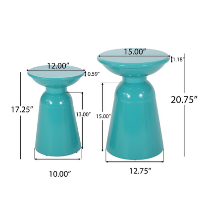 The Serenita Outdoor Side Tables With Flared Design (Set of 2) includes two turquoise, modern pedestal tables—one 17.25" H x 10" W and the other 20.75" H x 12.75" W—shown side by side with labeled dimensions.