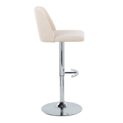 Side view of the Toriano Contemporary Adjustable Barstool (Set of 2), featuring beige upholstery, a chrome swivel pedestal base with a rounded T footrest, and a minimalist design.