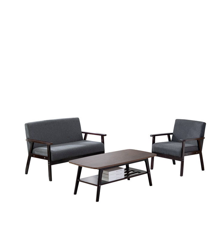 The Bahamas - Living Room Set features a dark wood frame with a gray cushioned loveseat, armchair, and a rectangular coffee table with lower shelf, displayed against a white background.