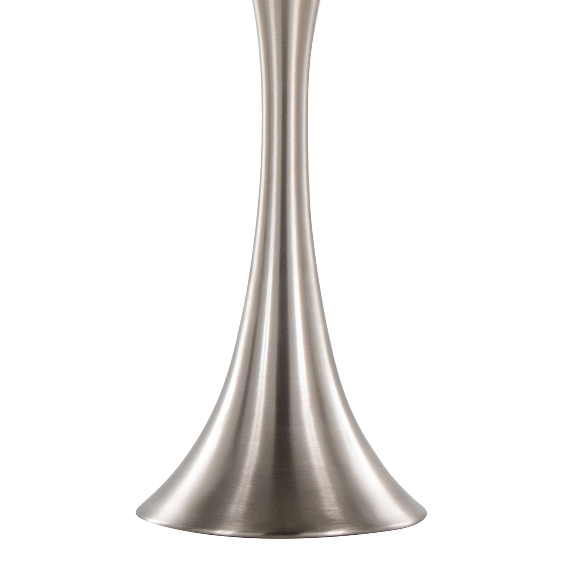 Close-up of a Lenuxe Contemporary Semi Gloss Table Lamp base, featuring a metallic, trumpet shape with smooth curves and a brushed silver finish. Set of 2 shown against a white background.