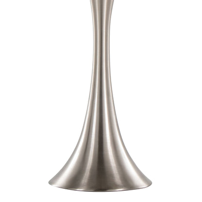 Close-up of a Lenuxe Contemporary Semi Gloss Table Lamp base, featuring a metallic, trumpet shape with smooth curves and a brushed silver finish. Set of 2 shown against a white background.
