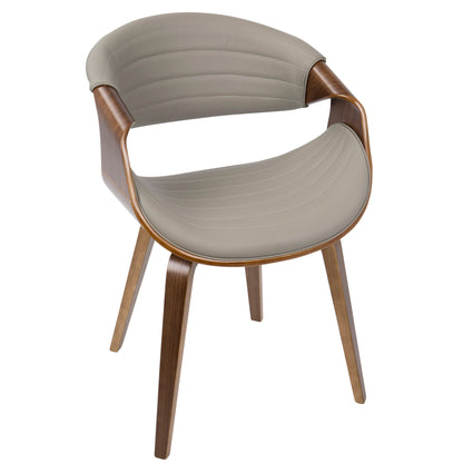 The Symphony Mid Century Modern Dining Chair features a curved wooden frame, light beige cushioned seat and backrest, open-back design, smooth rounded edges, and four angled wooden legs.