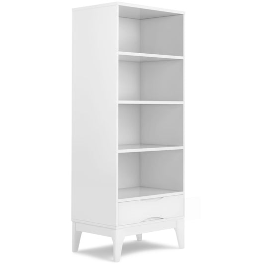 The Harper Handcrafted Bookcase With Storage is a tall, white unit featuring four open shelves, a bottom drawer, and stands on four angled legs.