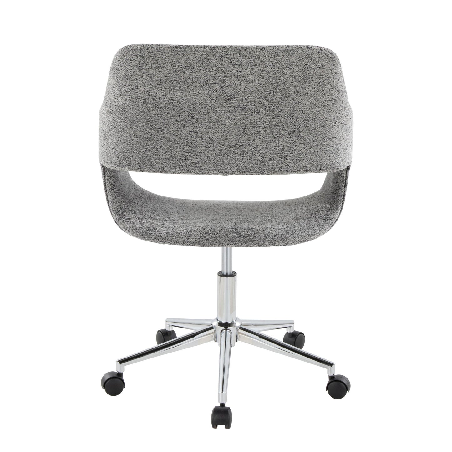 The Margarite - Contemporary Office Task Chair features a modern gray swivel design with a curved backrest, an open lower back, and a chrome base with five caster wheels, shown from the back against a white background.