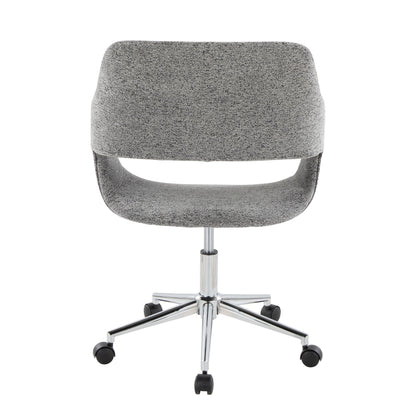 The Margarite - Contemporary Office Task Chair features a modern gray swivel design with a curved backrest, an open lower back, and a chrome base with five caster wheels, shown from the back against a white background.