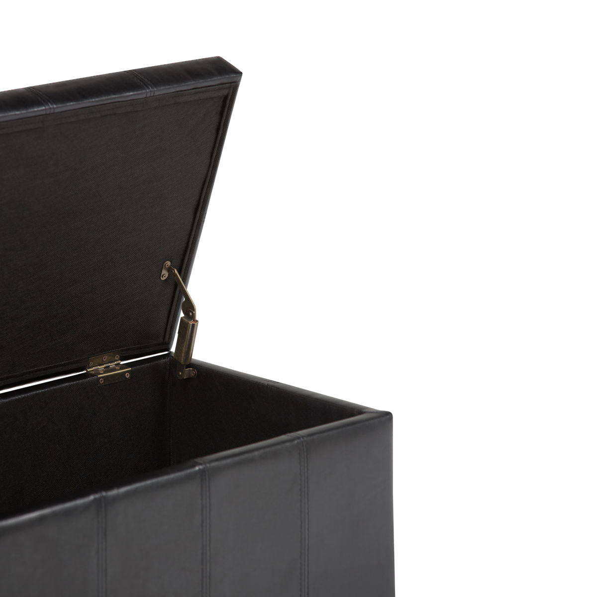 The Amelia - Transitional Storage Ottoman Bench in black is shown with its lid partially open, revealing the interior space and metal hinge, set against a white background.