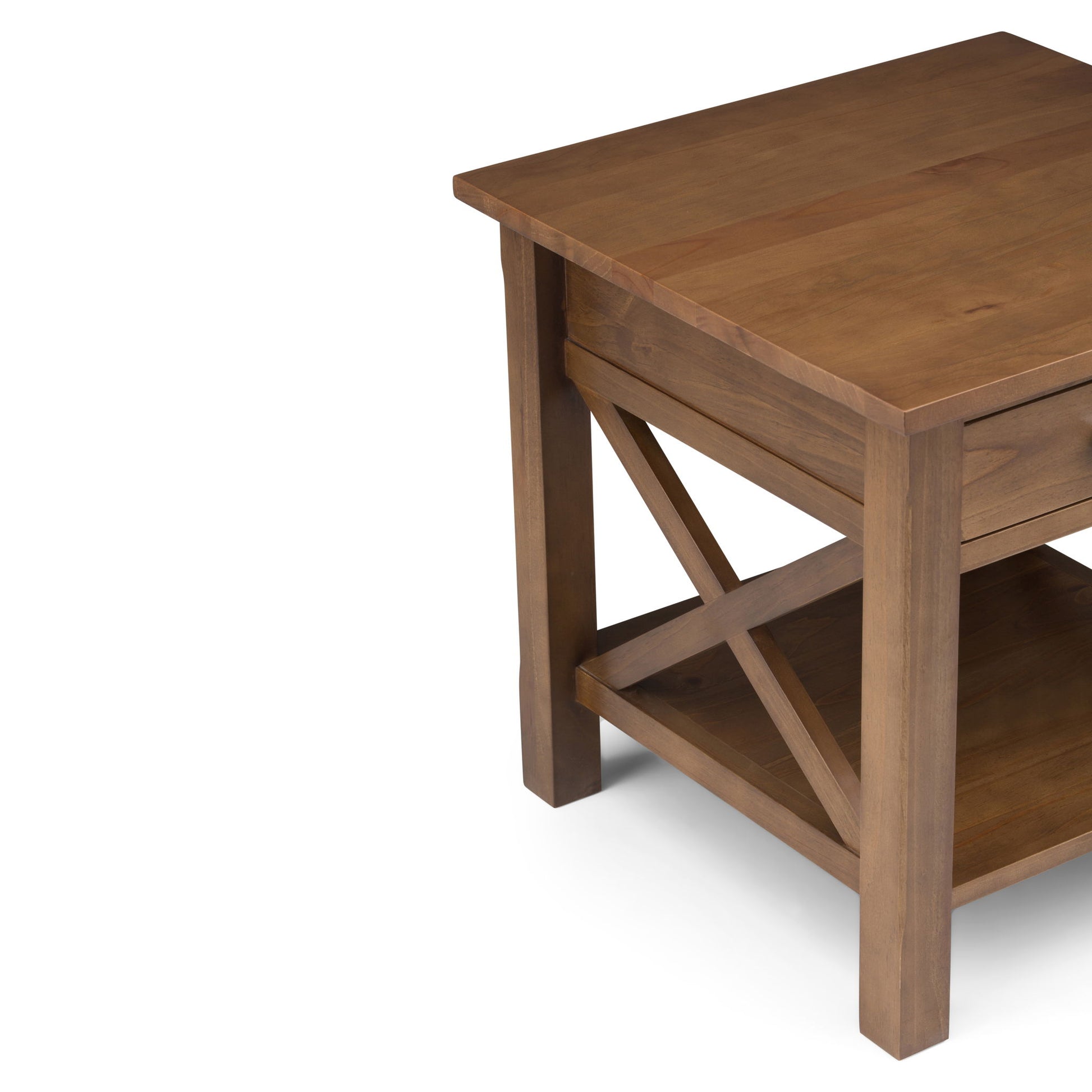 The Kitchener End Table in Medium Saddle Brown features a square top, lower shelf, and X-shaped side supports, shown against a white background.