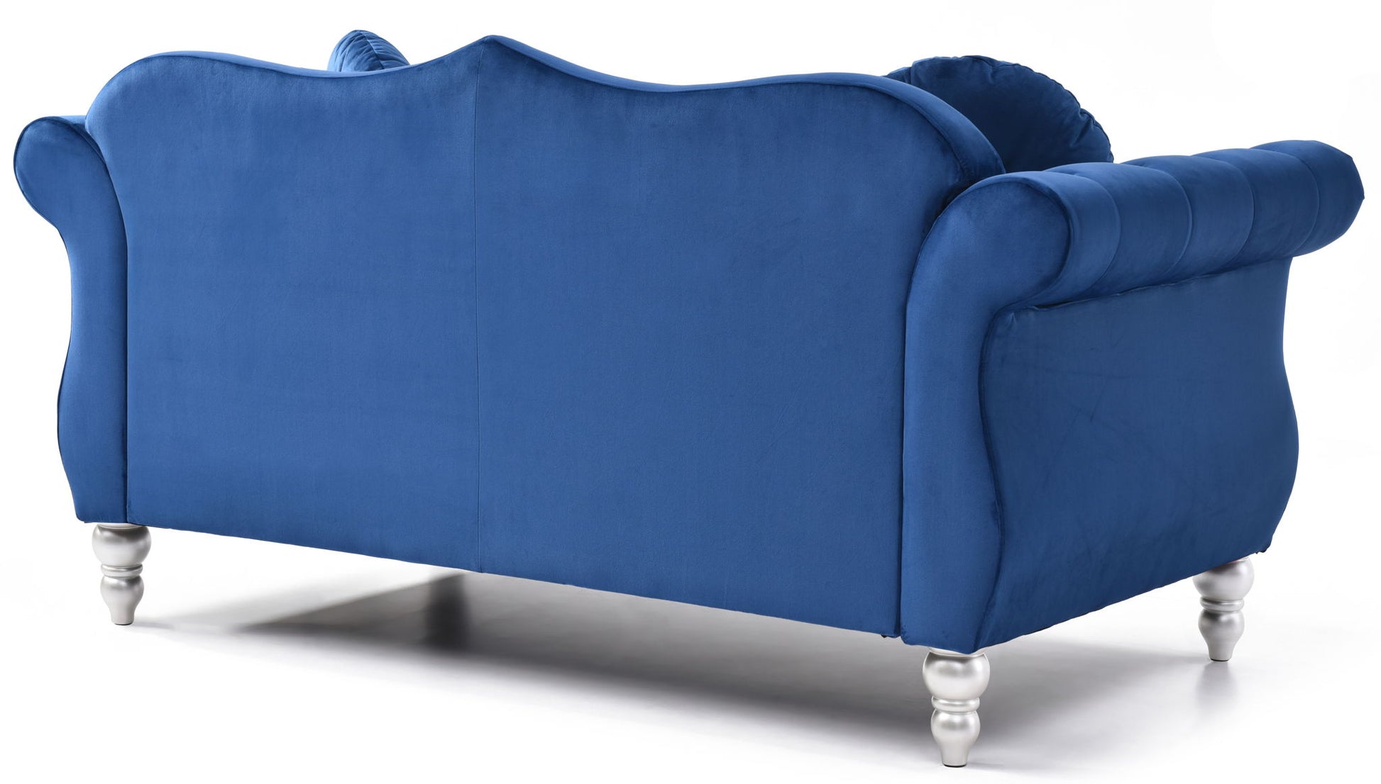 The Stylish Flared Arm Loveseat features blue velvet upholstery, rolled arms, a scalloped back, and silver turned legs. Shown from the back against a white background, it boasts a plush and elegant design.