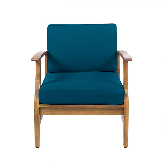 The Perla Contemporary Club Chair features water resistant teal blue seat and back cushions on a wooden frame, shown from the front against a white background.