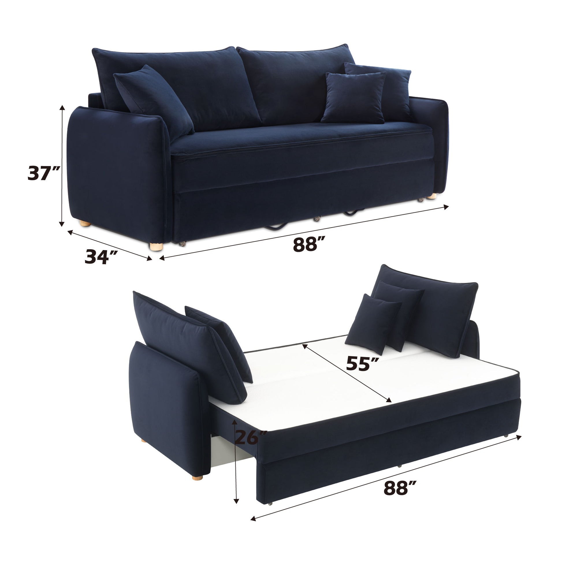The Irina - Pull Out Sleep With Storage is displayed in two ways: as a couch (88"W x 34"D x 37"H) and as a bed (88"W x 55"D x 26"H), with pillows included in both configurations.
