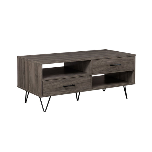 Modern Hairpin Leg Coffee Table featuring two drawers, two open shelves, and black metal hairpin legs. Crafted from wood with a grayish-brown finish and visible grain patterns.