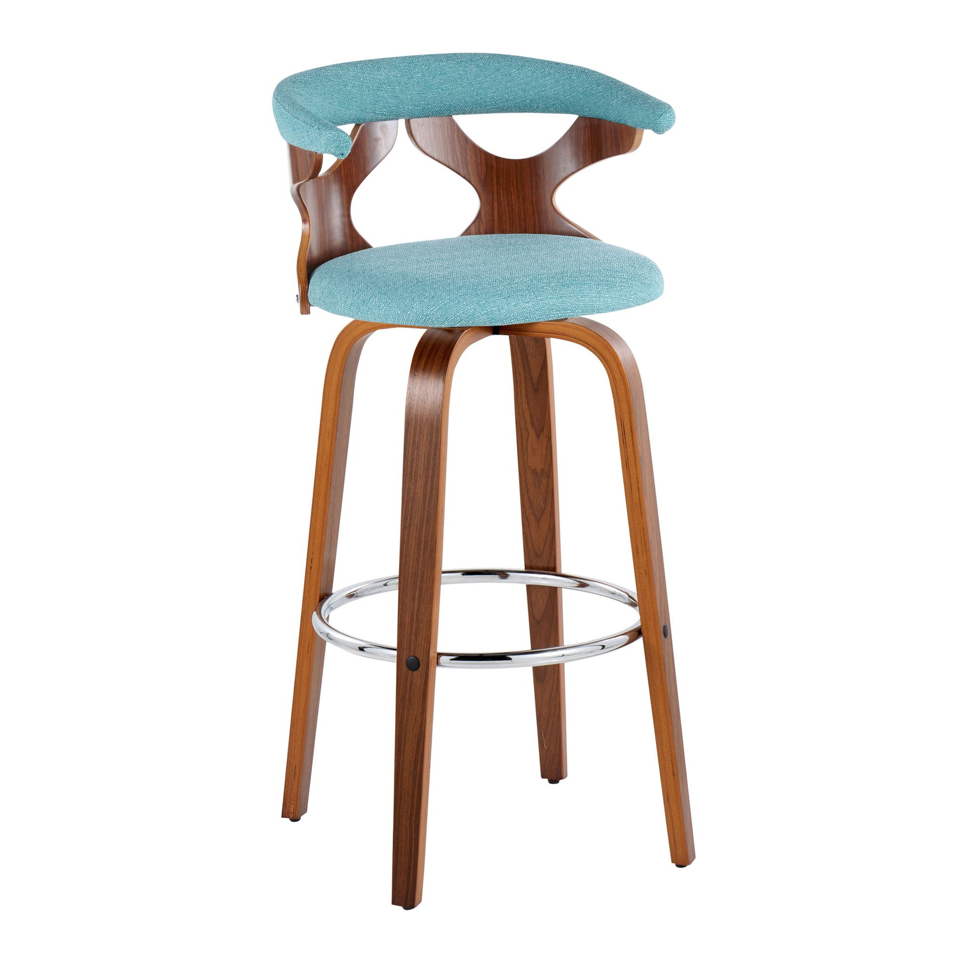 The Gardenia Mid Century Modern Fixed Height Barstool (Set of 2) features a light blue upholstered seat, curved backrest with open geometric cutouts, wooden legs, and a round chrome footrest. Swivel included.