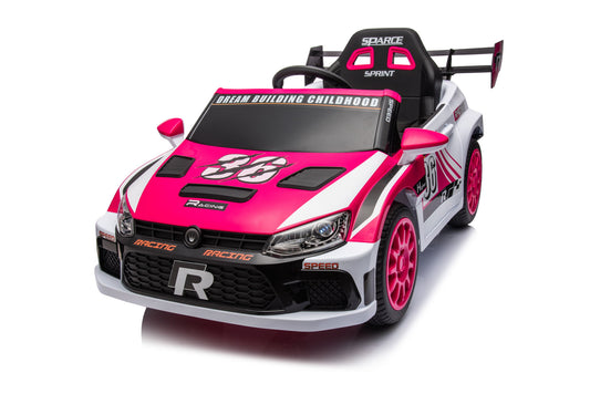 A pink and white 12V4A ride-on car for kids featuring sporty decals, the number 88, "Dream Building Childhood" on the windshield, Sparce Sprint seat, music, headlights, openable doors, power display, and remote control.