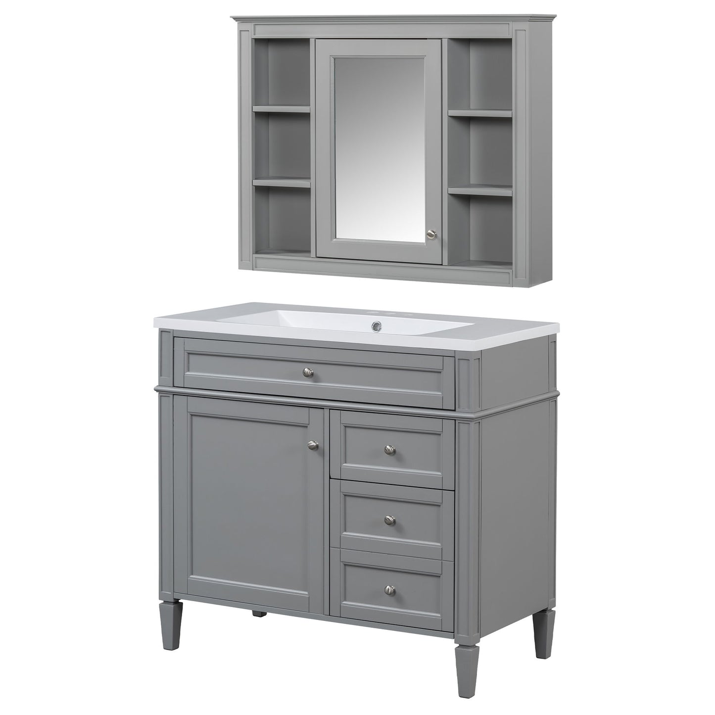 Bathroom Vanity With Top Sink, Storage Cabinet With Mirror, 2 Doors, 3 Drawers, 6 Open Shelves