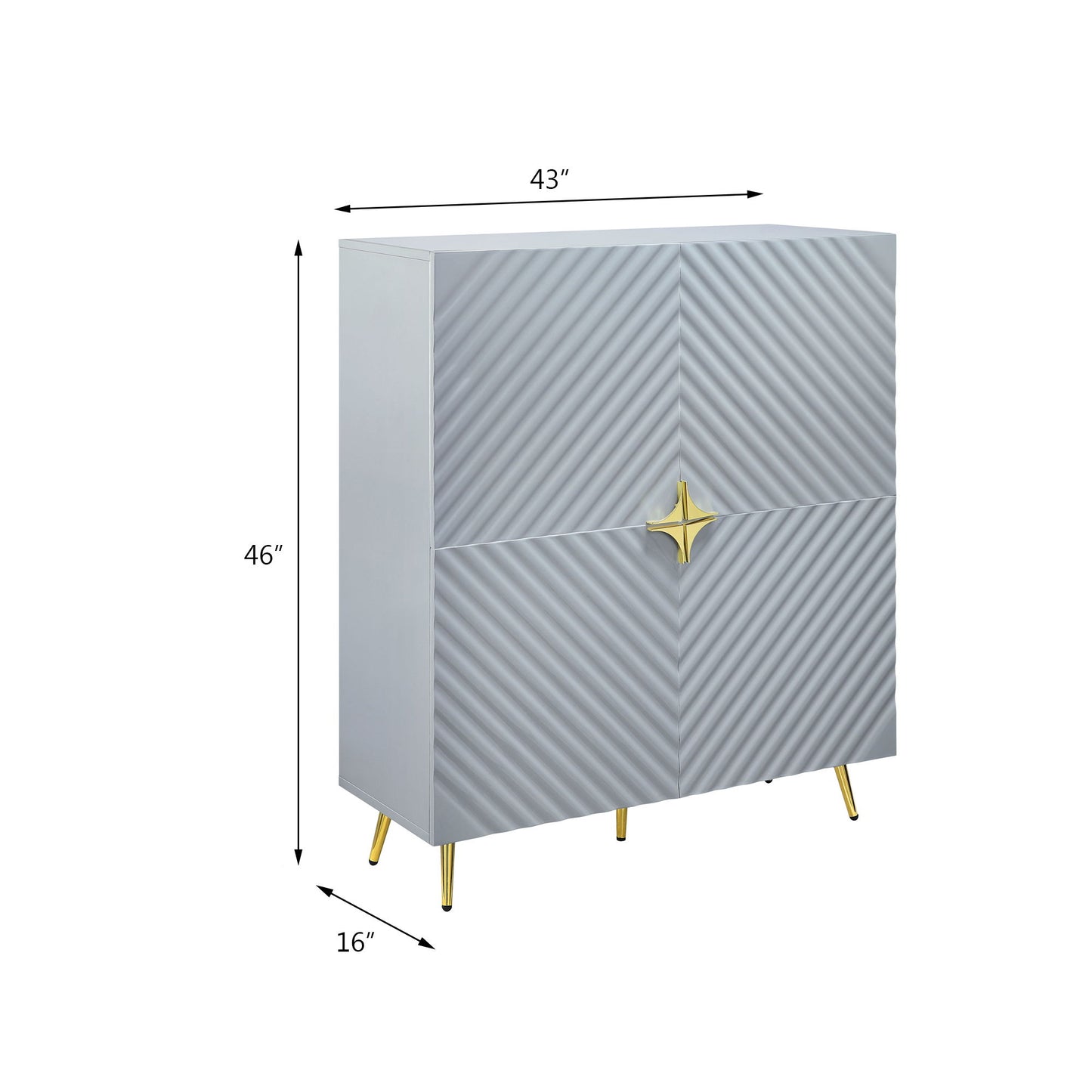 The Gaines High Gloss Accent Cabinet features a modern gray finish, diagonal textured doors, gold star-shaped handles, and gold legs. Dimensions: 43"W x 46"H x 16"D.