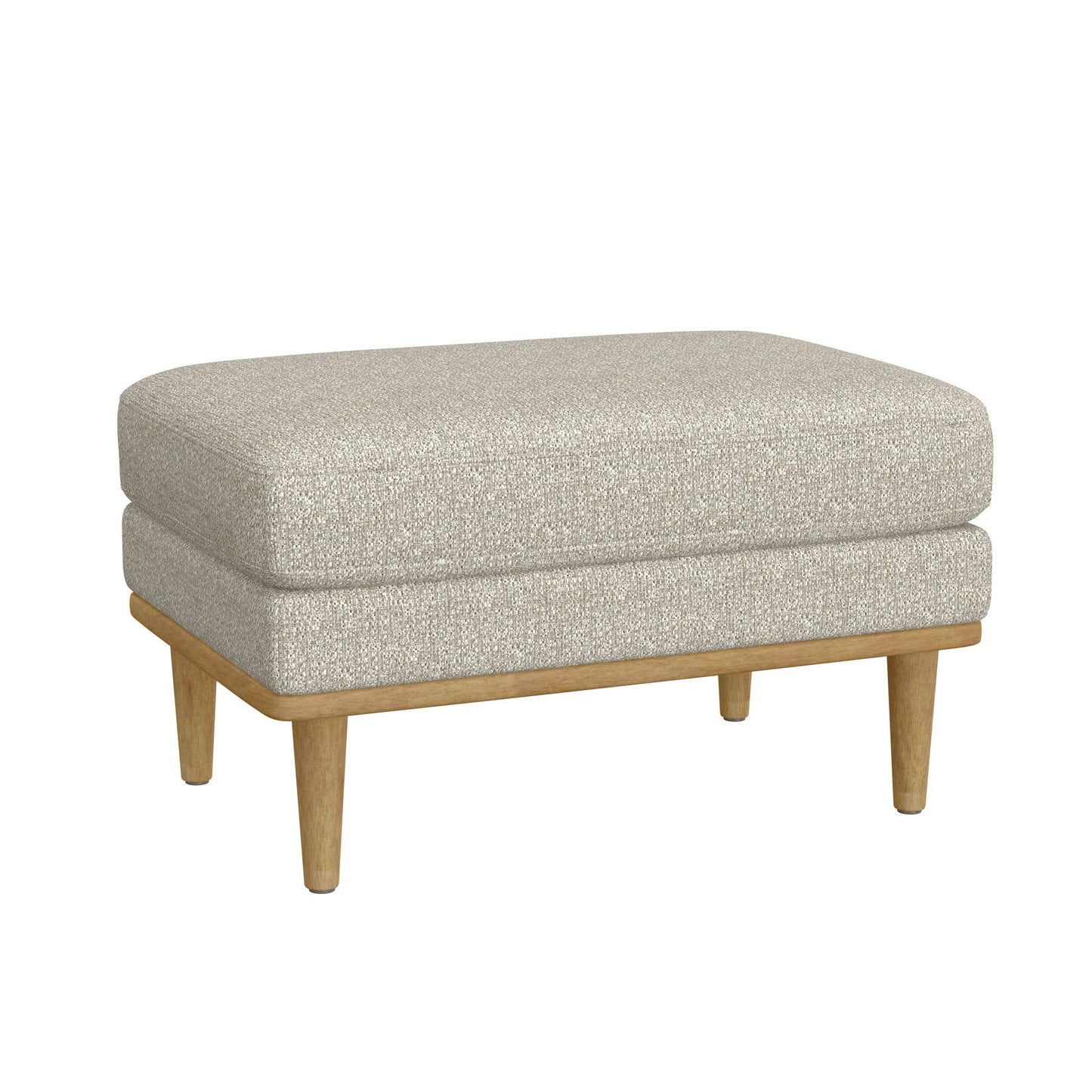 The Revel Chair Ottoman in tan features a rectangular cushioned top, light beige upholstery, wooden legs, and a simple modern design.