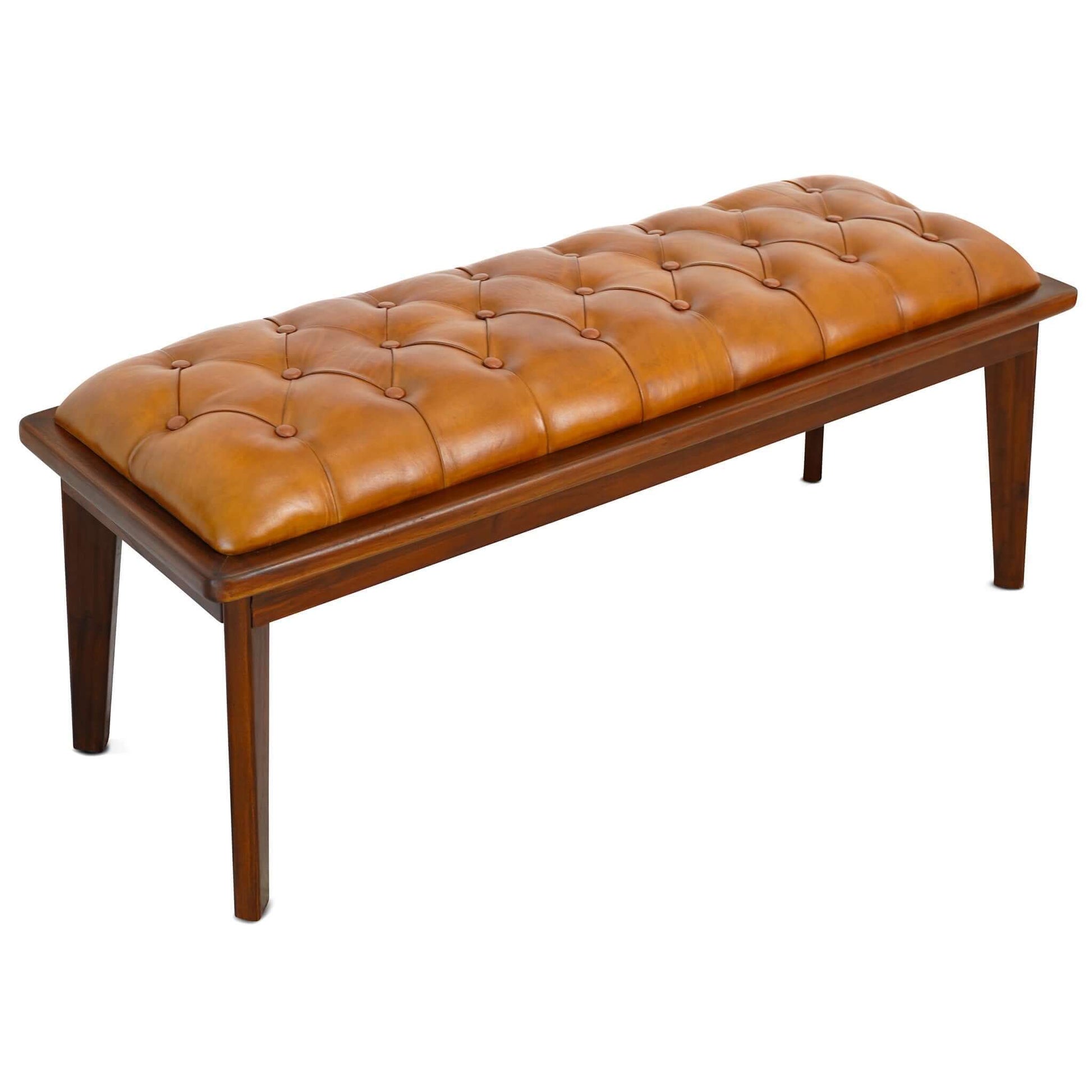 The Arden - Bench With Buttons in brown features a rectangular tufted leather seat with button details and four polished rustic wood legs, combining comfort and style for any space.
