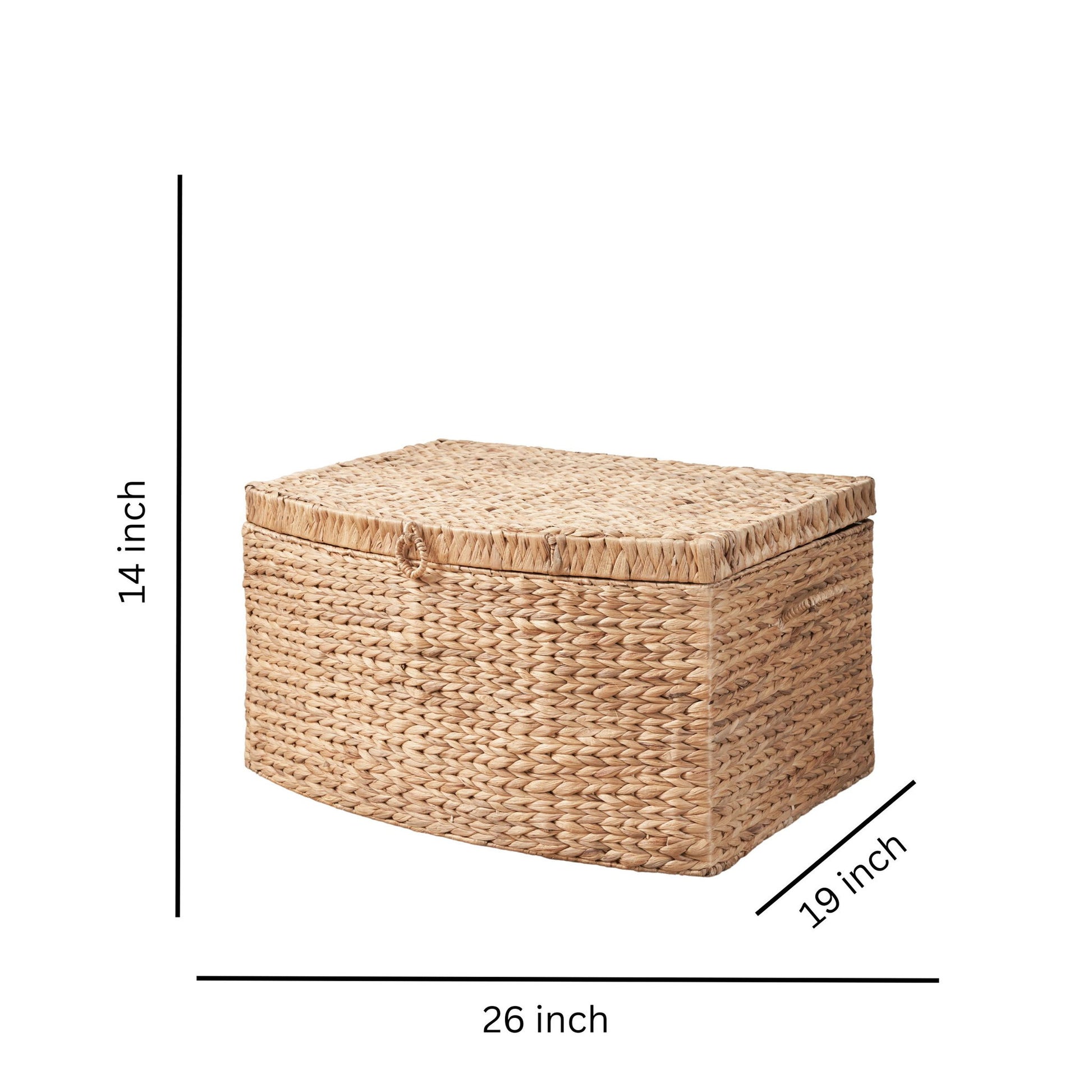 The Rectangular Curve Water Hyacinth Woven Wicker Trunk with handles, for clothes, toys, and book storage in natural/light brown, measures 26"W x 19"D x 14"H; shown against a white background with labeled dimensions.