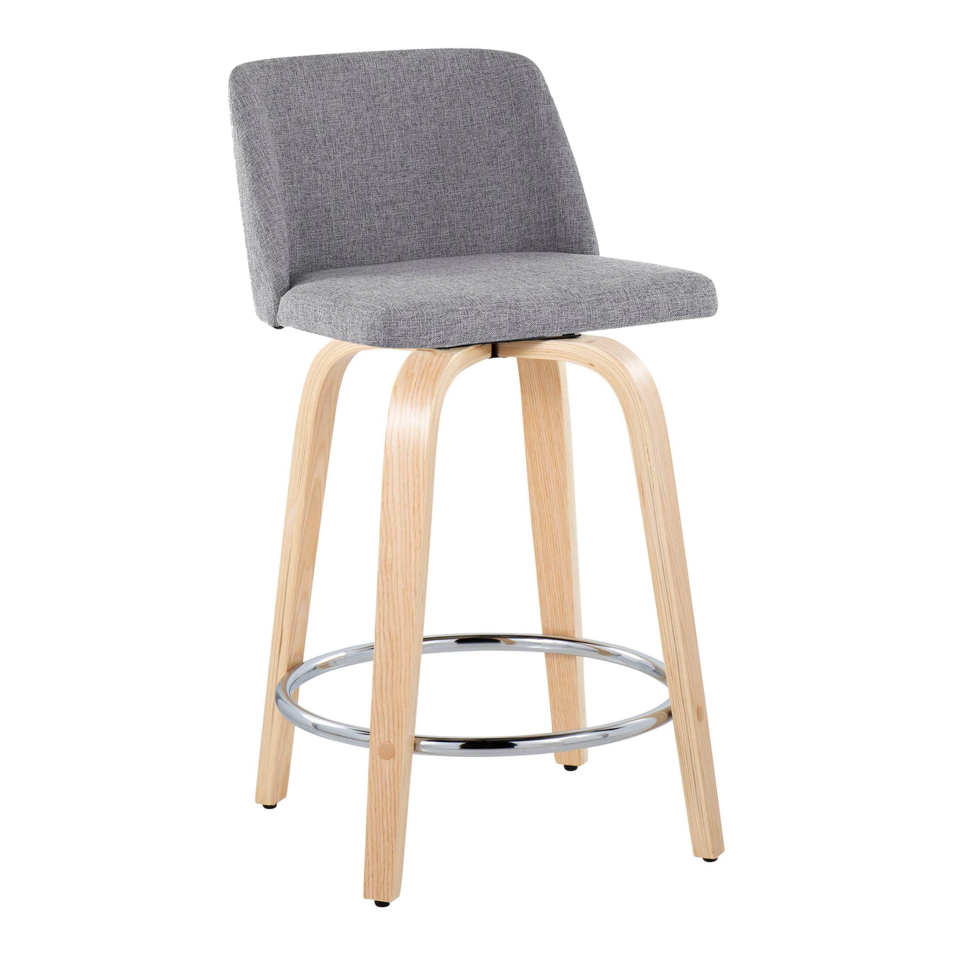 The Toriano Contemporary Counter Stool set features a light wood frame, curved legs, round chrome footrest, and padded gray fabric seat and backrest.