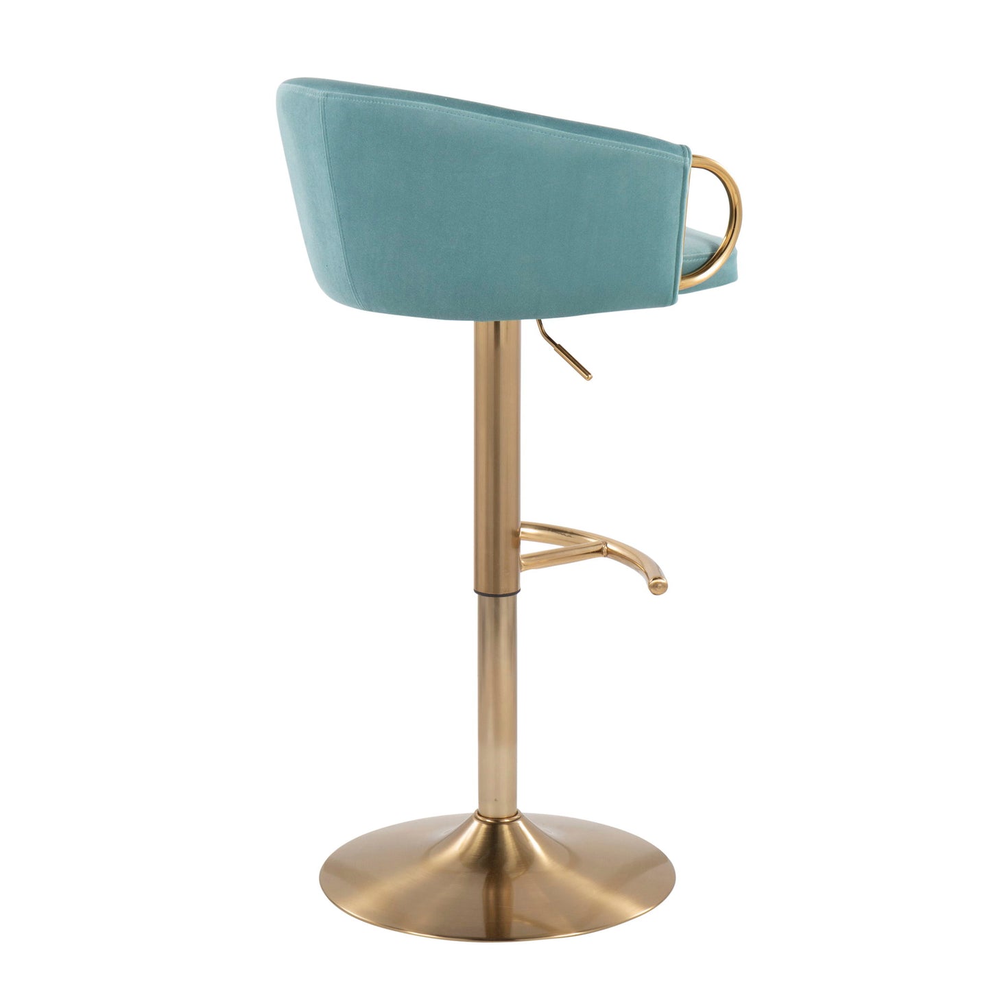 The Claire Contemporary/Glam Adjustable Bar Stool (Set of 2) features a teal upholstered seat, gold ring handle on the backrest, gold footrest, and gold pedestal base. Shown from the side against a white background.