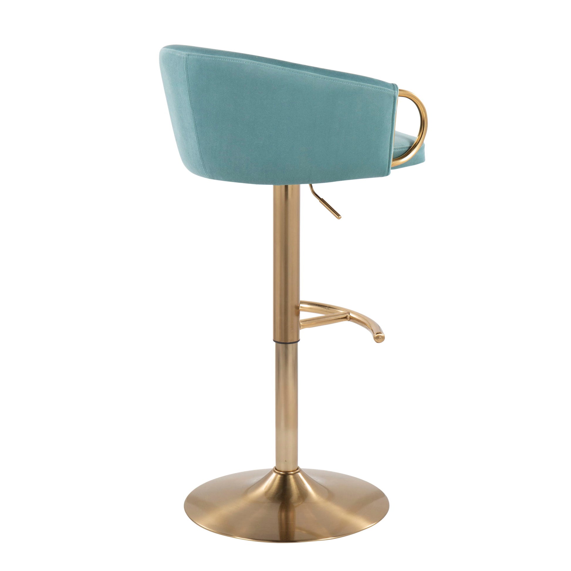 The Claire Contemporary/Glam Adjustable Bar Stool (Set of 2) features a teal upholstered seat, gold ring handle on the backrest, gold footrest, and gold pedestal base. Shown from the side against a white background.