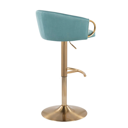 The Claire Contemporary/Glam Adjustable Bar Stool (Set of 2) features a teal upholstered seat, gold ring handle on the backrest, gold footrest, and gold pedestal base. Shown from the side against a white background.