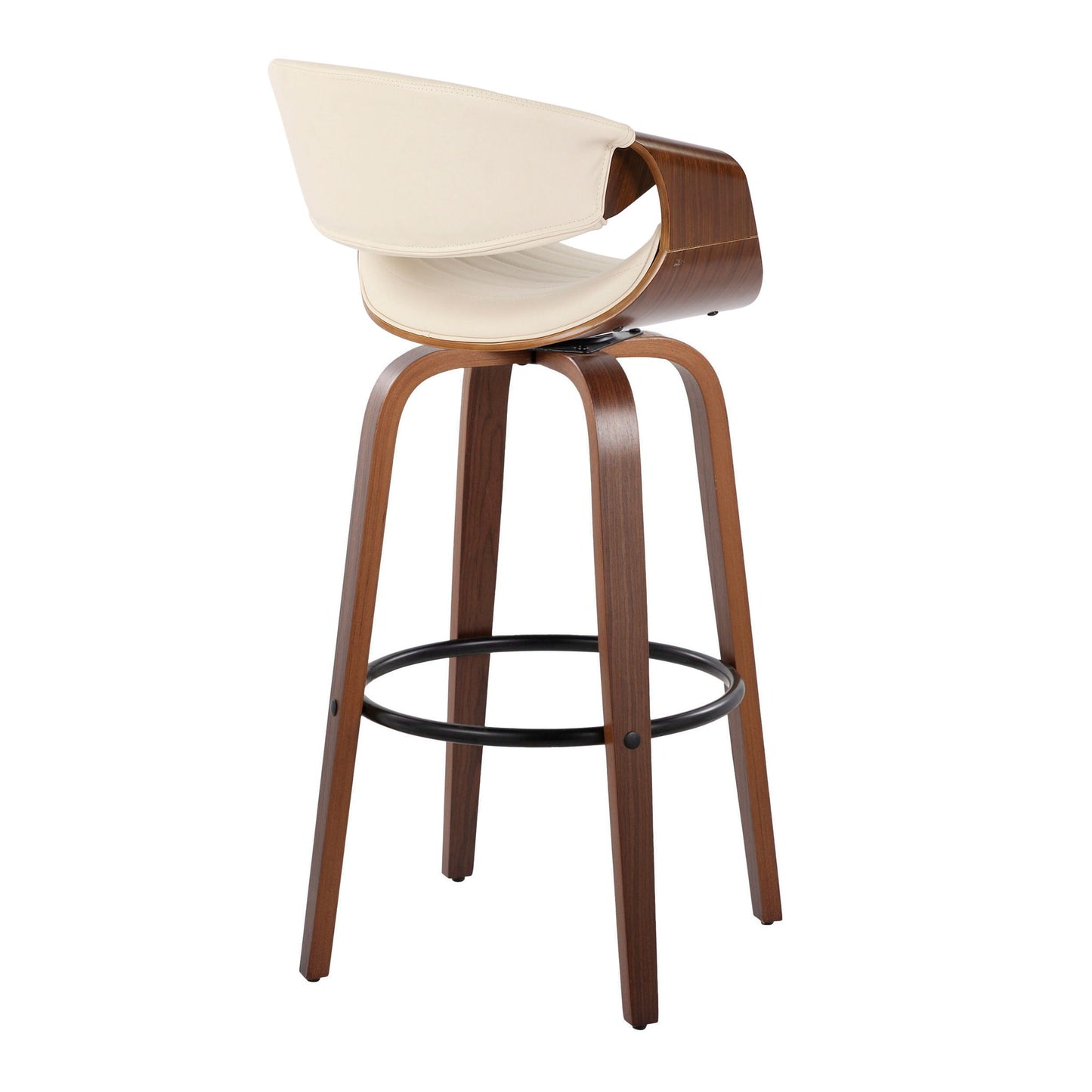 The Symphony barstool set features a modern curved wooden frame, a cream cushioned seat and backrest, swivel functionality, and a round black metal footrest.