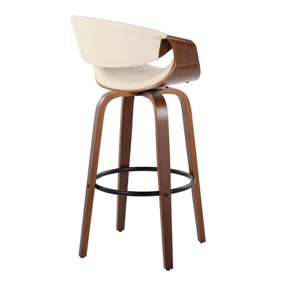 The Symphony barstool set features a modern curved wooden frame, a cream cushioned seat and backrest, swivel functionality, and a round black metal footrest.