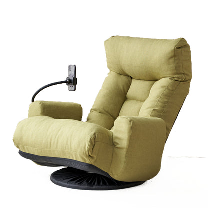 An Adjustable Swivel Lounge Chair with a 360-degree rotating seat and headrest support in green, featuring a cushioned design and black stand to hold a smartphone, is displayed against a plain white background.