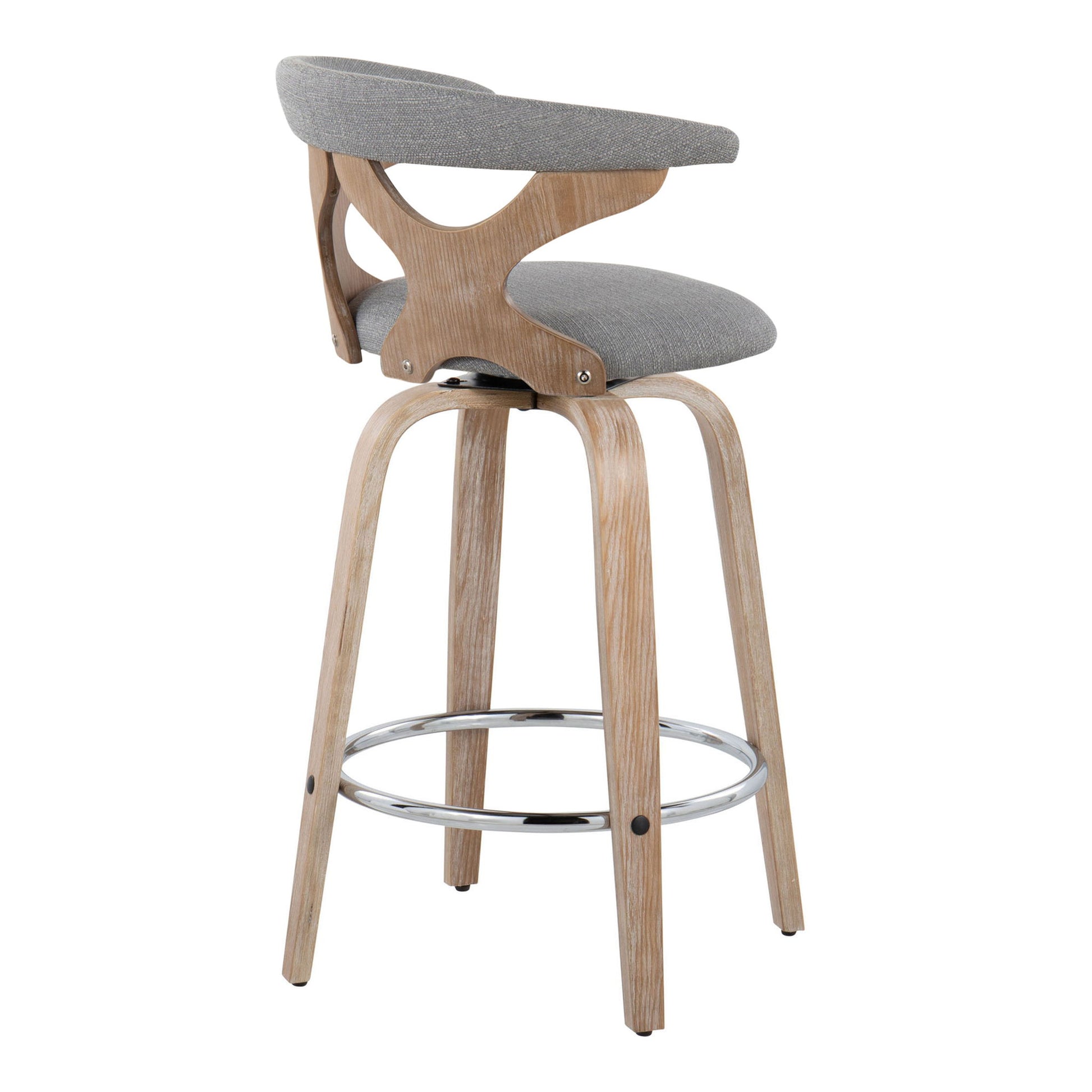 The Gardenia Mid Century Modern Fixed Height Counter Stool (Set of 2) features a light wood frame, curved legs, a circular chrome footrest, and grey upholstered seat and backrest with an open sculptural design.