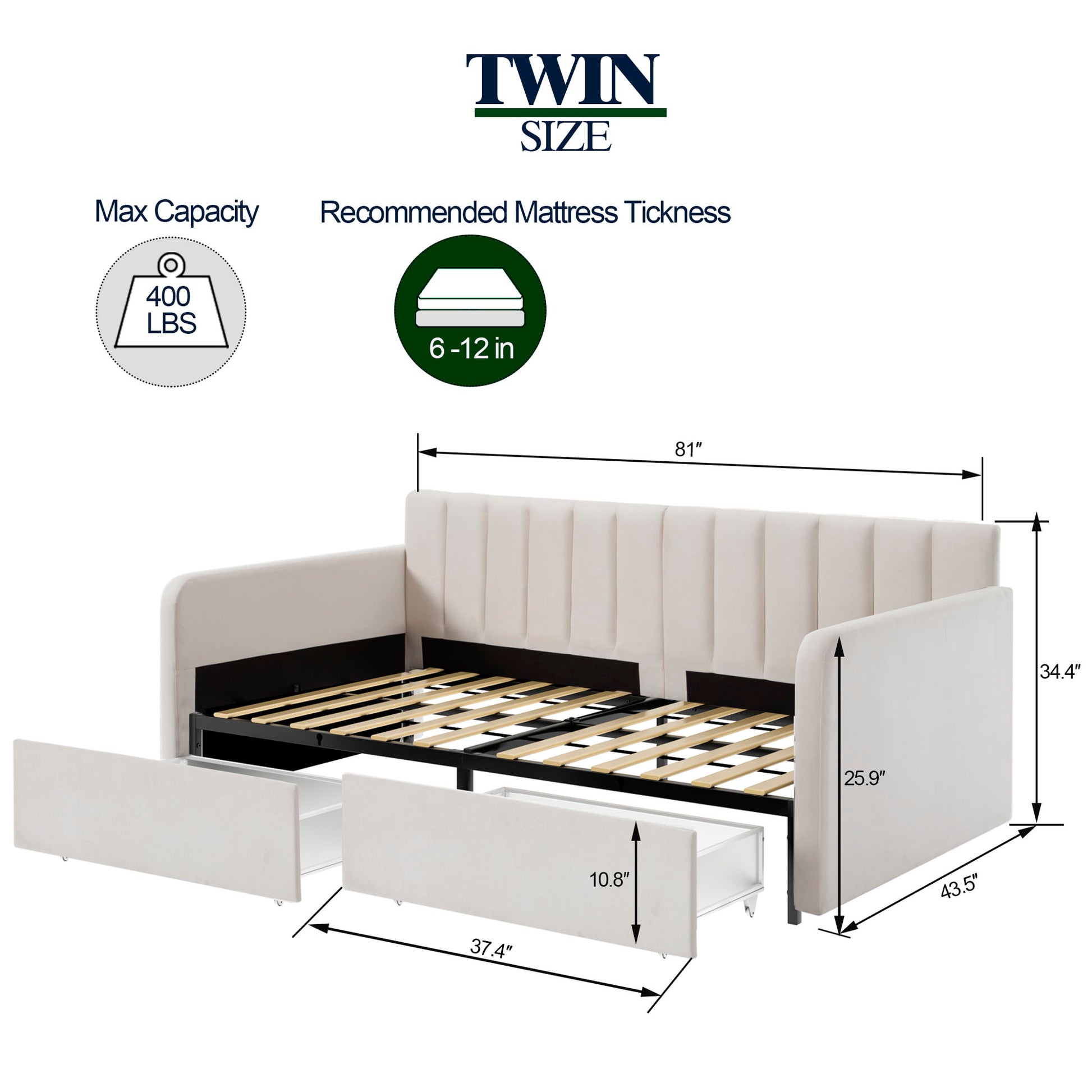 The Flora Upholstered Daybed with 2 drawers features a ribbed tufted backrest in a modern design. Shown with measurements, it supports up to 400 lbs and fits mattresses 6–12" thick. Dimensions and features are clearly indicated.