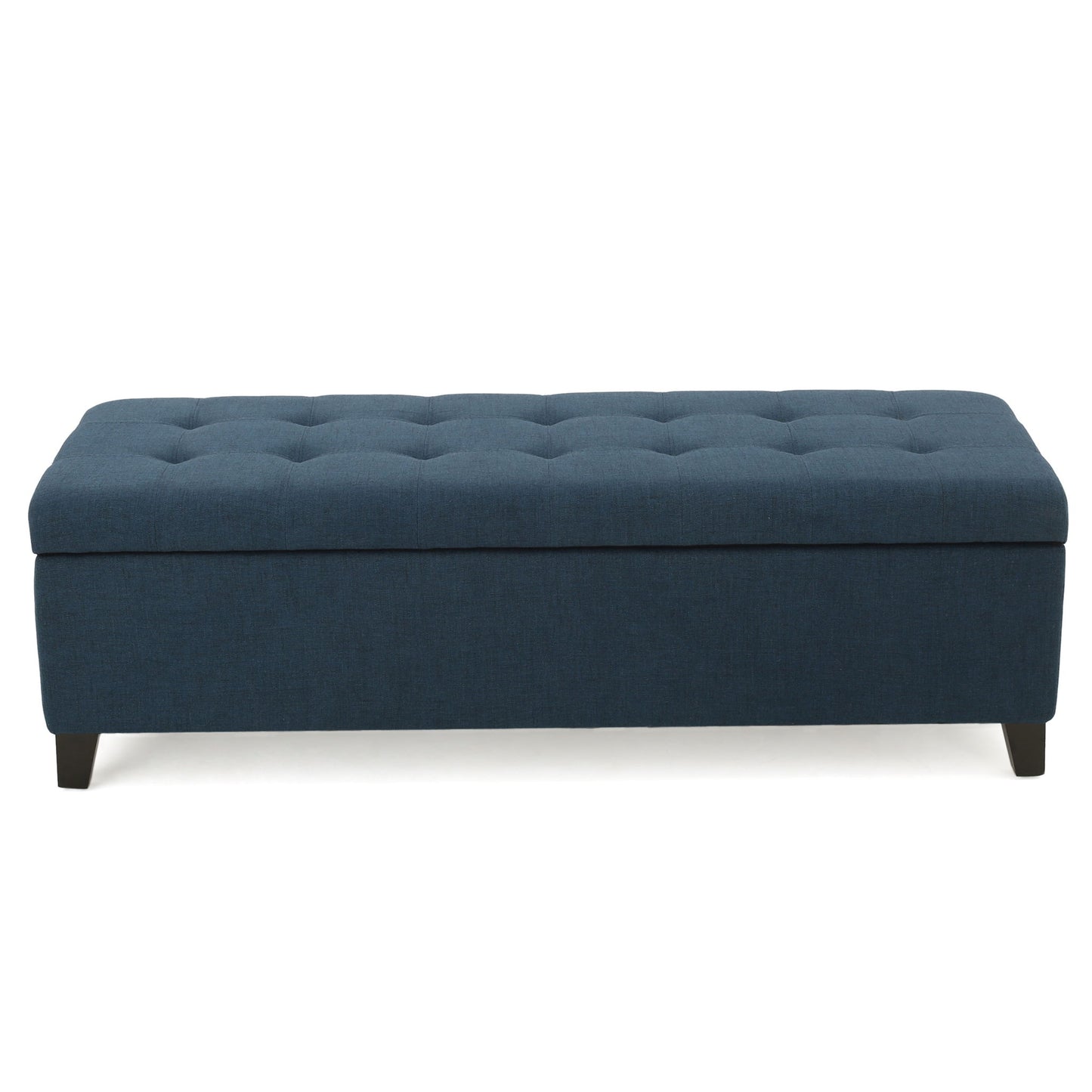 The Nebulous Fabric Upholstered Ottoman With Storage features a navy blue diamond tufted seat and short black legs, shown from the front against a white background.