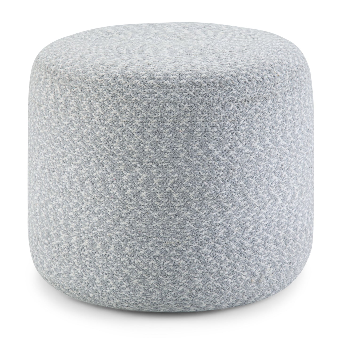 The Bayley - Versatile Round Braided Pouf features a light gray, soft textured fabric and a simple, modern design.
