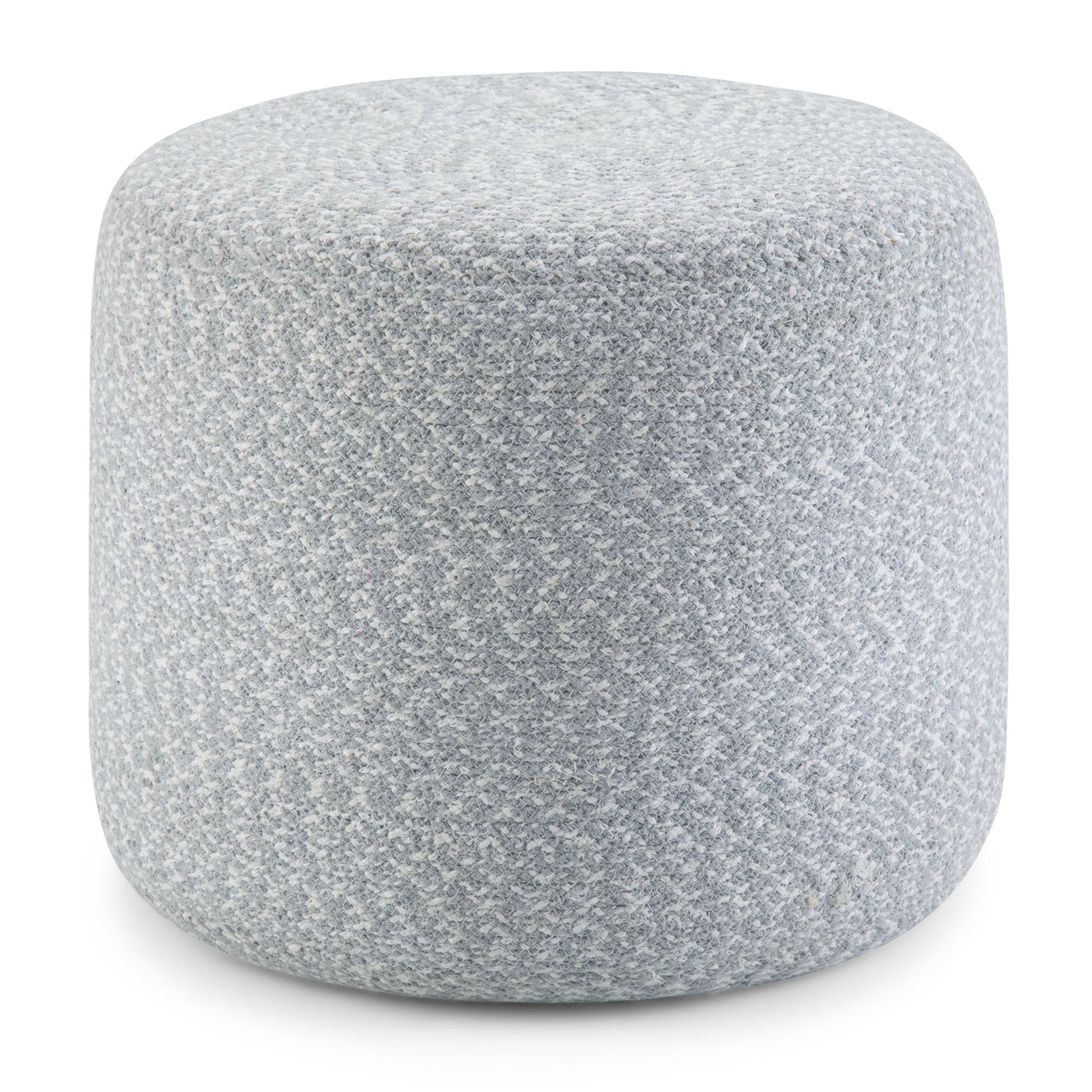 The Bayley - Versatile Round Braided Pouf features a light gray, soft textured fabric and a simple, modern design.