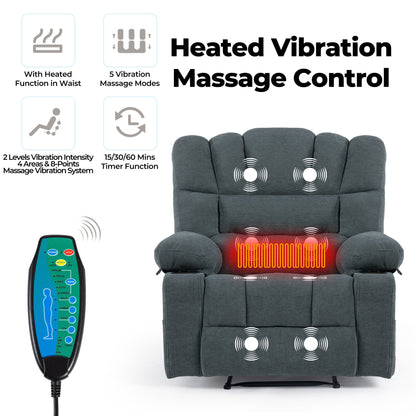 The Massage Recliner Chair Sofa With Heating Vibration is a gray recliner with heated waist, 5 vibration modes, multiple vibration points, timer, and remote control for adjustable massage settings.