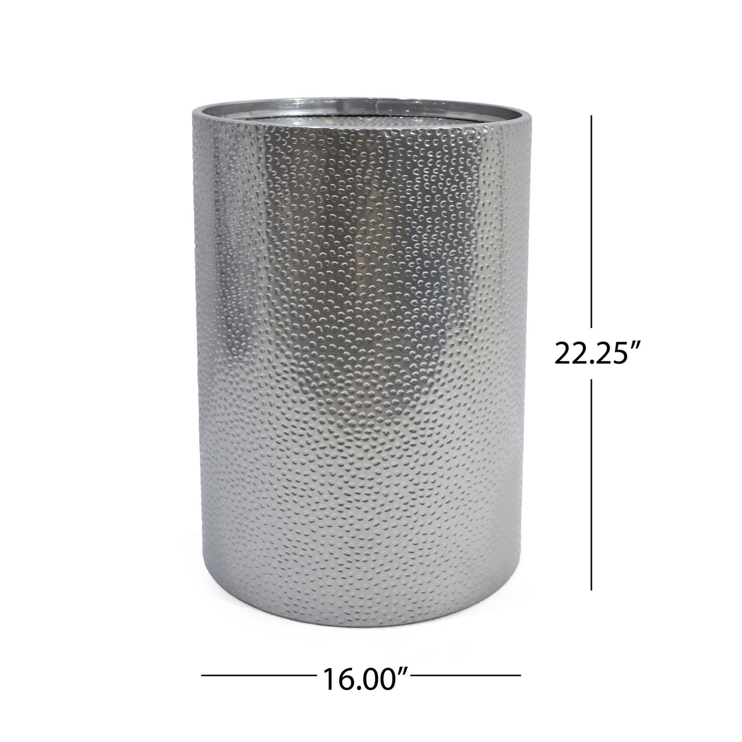 Modern Round Accent Table with a hammered, textured silver metal surface; tall and cylindrical, it measures 22.25" high and 16" in diameter.