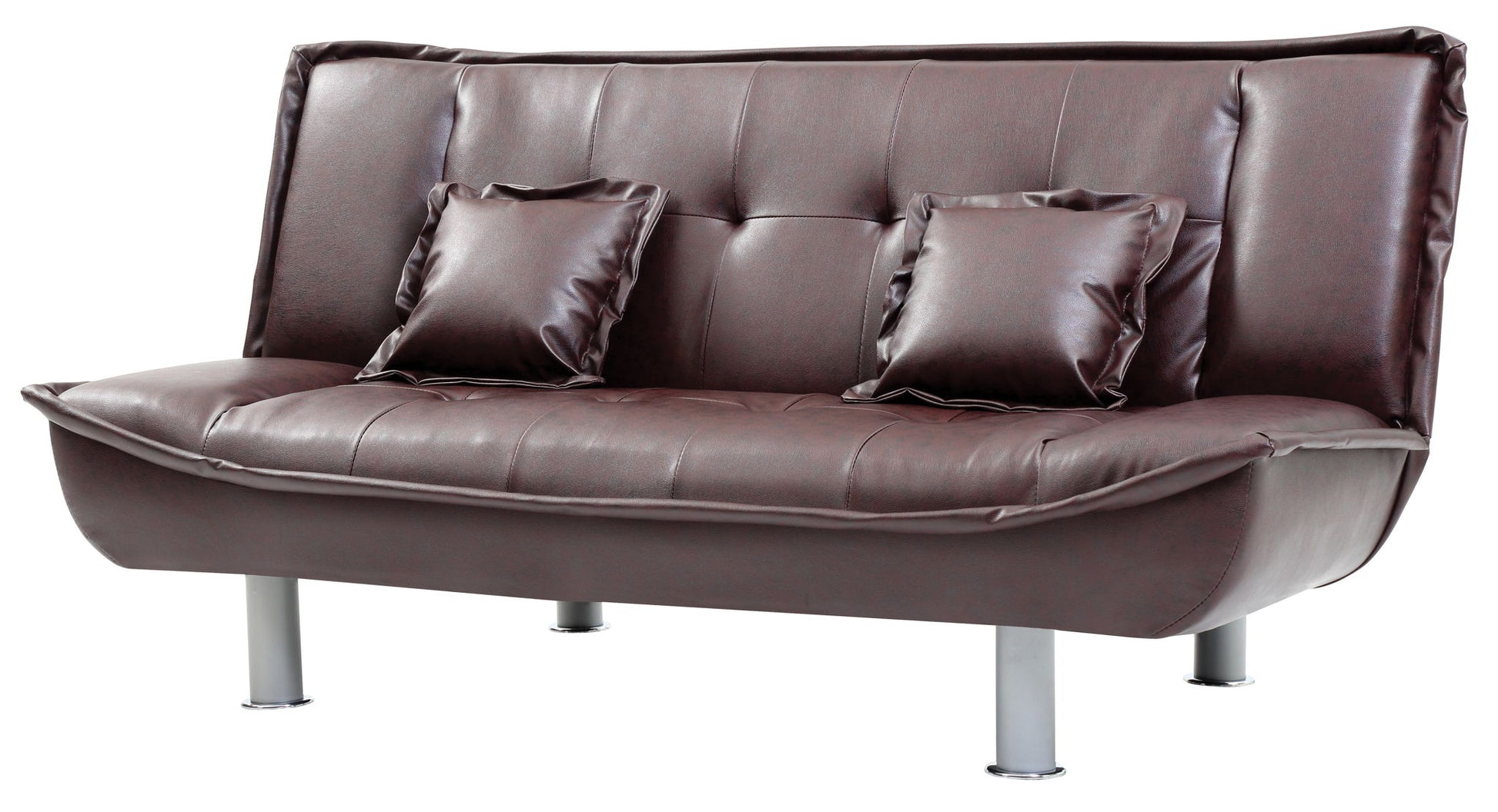 The Lionel - Sofa Bed is a modern brown leather sofa featuring two matching square cushions and shiny metal legs, shown against a white background.