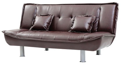 The Lionel - Sofa Bed is a modern brown leather sofa featuring two matching square cushions and shiny metal legs, shown against a white background.